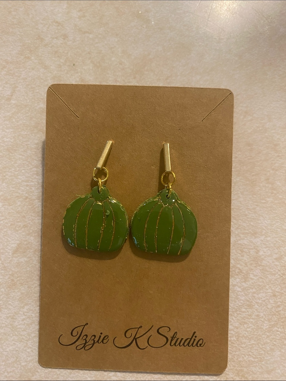 Green Pumpkin Dangle Earrings - Gold Accents
